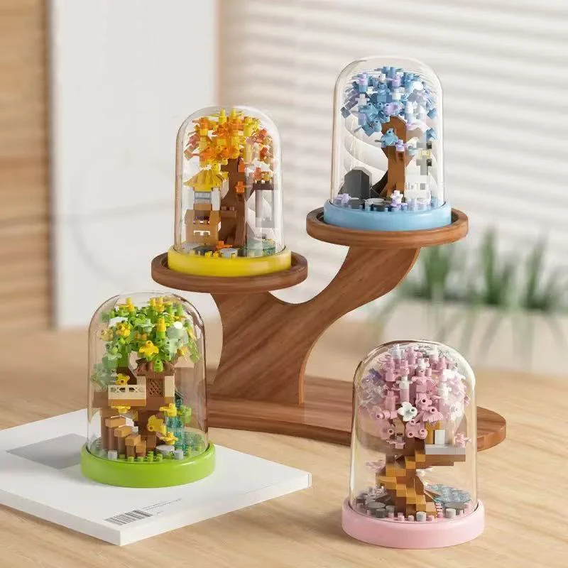 Maison dans les arbres quatre saisons, blocs de construction, vue sur la rue, Micro particules, jouet éducatif, modèle cadeau