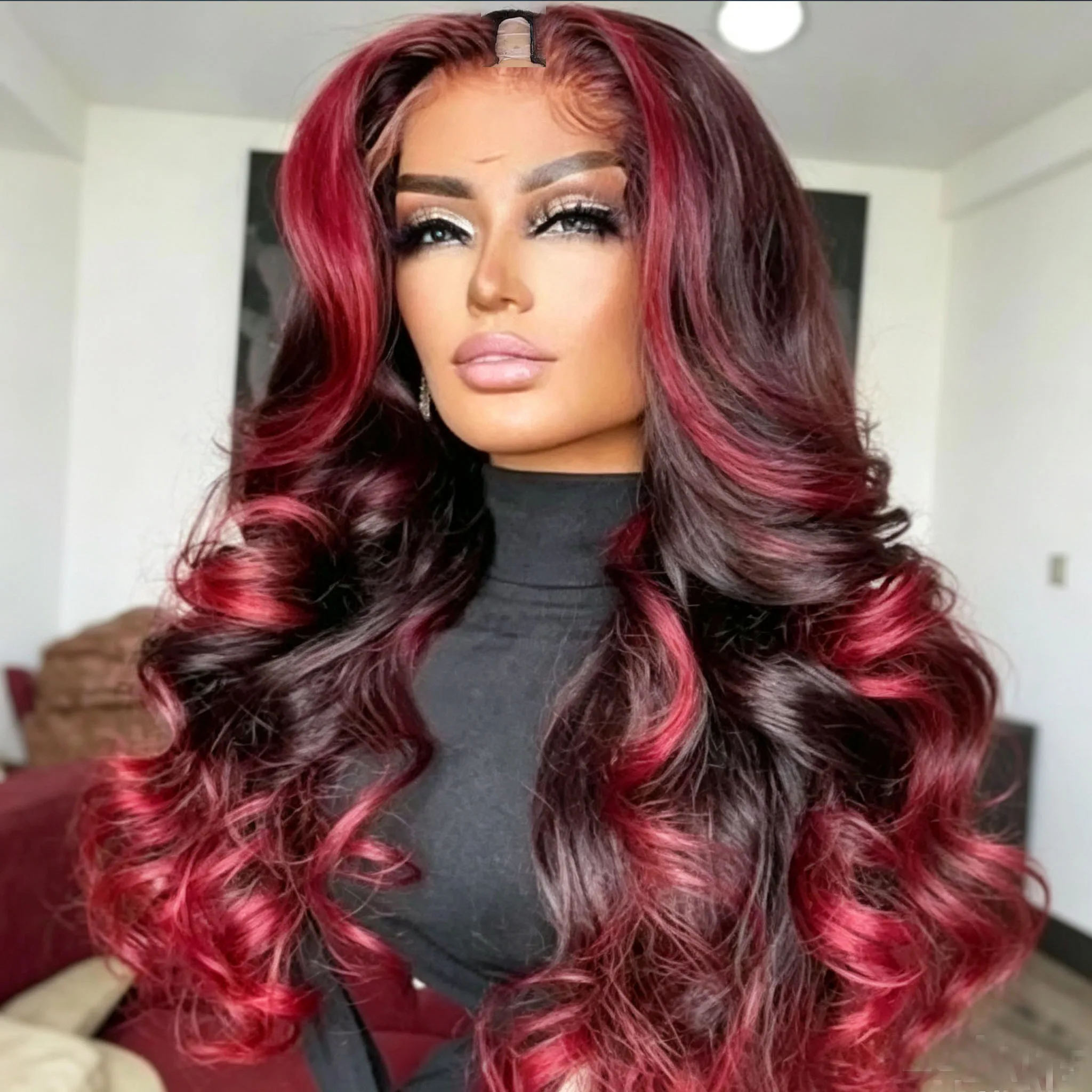 Highlight-Perücke aus Echthaar, Farbe 1B 99J, Burgunderrot, mit Wellenmuster, V-Teil-Perücke für Damen, rotes Haar, ohne Klebstoff, verstellbare U-Form, einfach anzubringen. – Detail 3