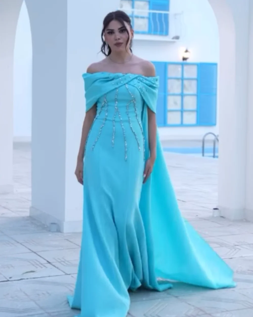 

Customized Modern Style Elegant Jersey Rhinestone Ruched Mermaid Off-the-shoulder Long Dresses Bespoke Occasion Dresses Matching