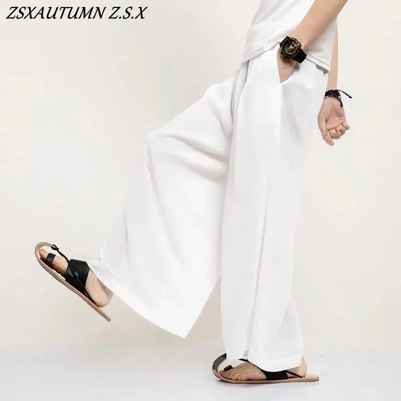 Summer Thin Casual Wide Pants Loose Plus Size Japanese Fashion Hakama Harajuku Oversized Trousers Chinese Style Men Skirt Pants