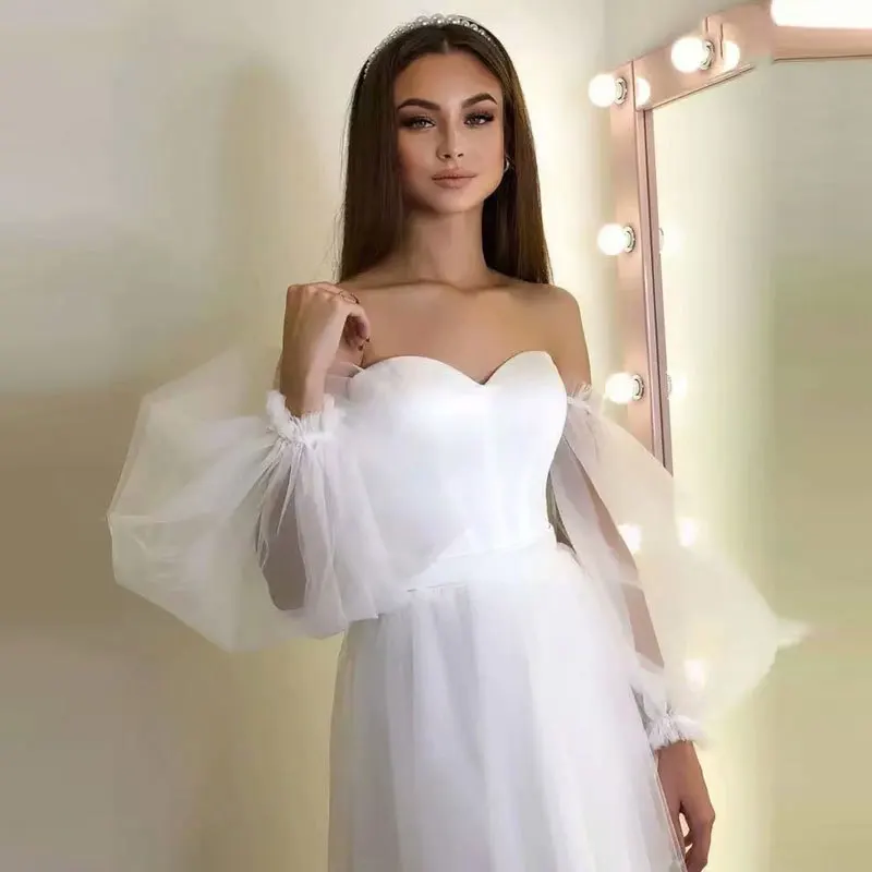 GUXQD Chá Comprimento Mulheres Vestidos de Casamento Puff mangas Tulle Satin Prom Party Vestidos Vestido De Noche formal robe de mariée