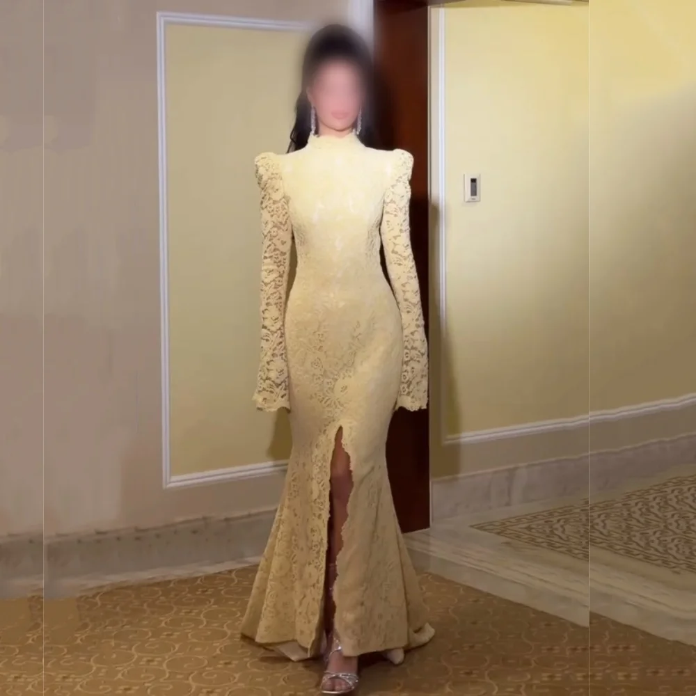 فساتين طويلة مخصصة من الدانتيل بياقة عالية وأكمام طويلة على شكل بوق فستان سهرة رسمي مناسبة مخصصة وحفلات مزاجية