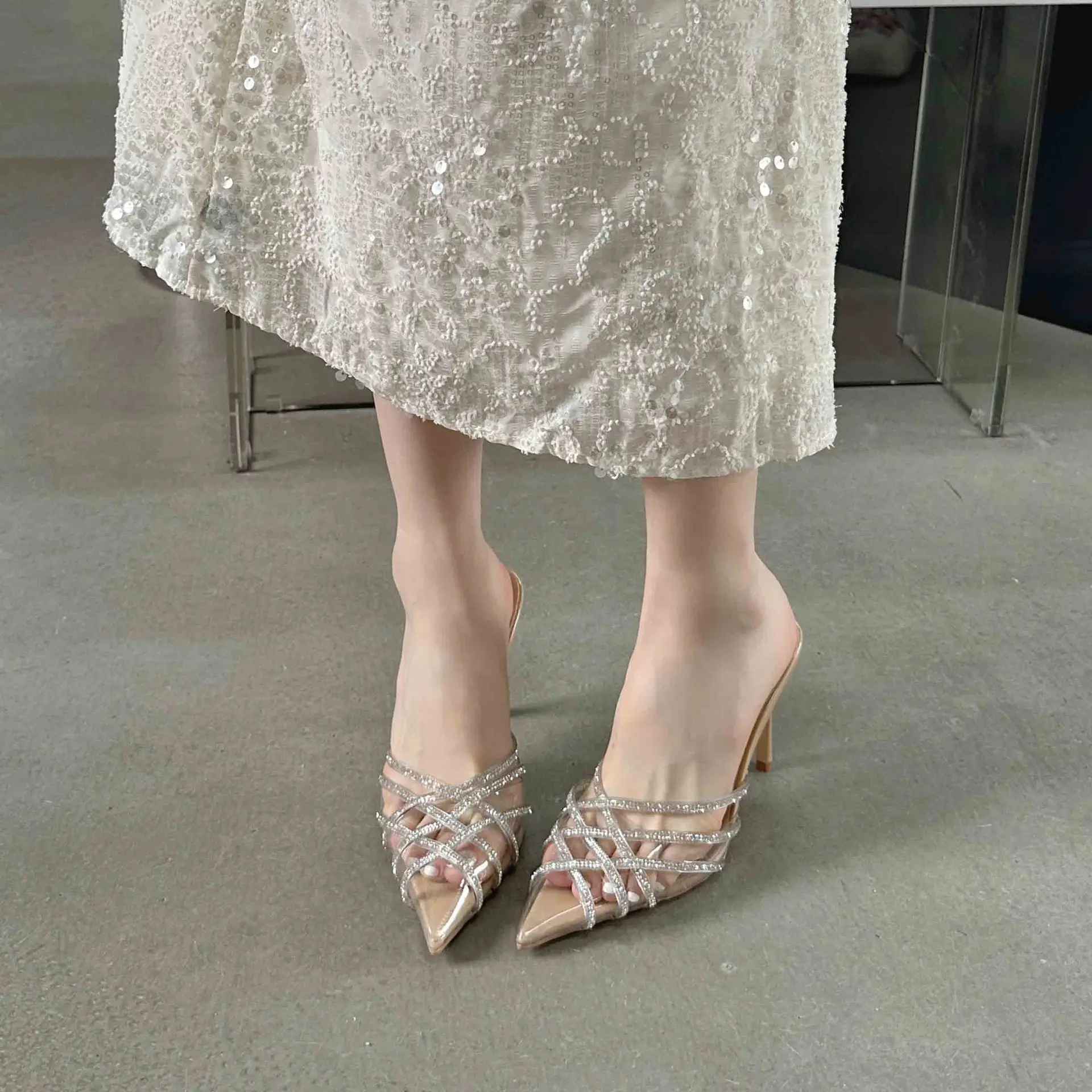 

Women High Heels Sandals Slim Heels Pointed Slippers Women Rhinestone Decorated High Heels Outdoor Casual Comfortable Women Shoe