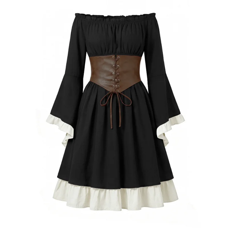 Medieval Renaissance Midi Dress Women Pirate Cosplay Costume Off Shoulder Long Flare Sleeve Corset Waist Vintage Gothic Outfit - view 5