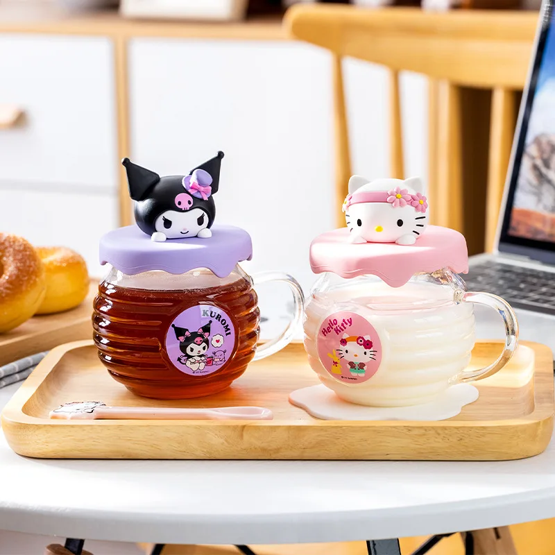 Summer 420ml Sanrios Hello Kitty Kuromi Cinnamoroll Anime Glass Mug Kawaii Coffee Milk Juice Honey Pot Water Cup with Lid Gifts