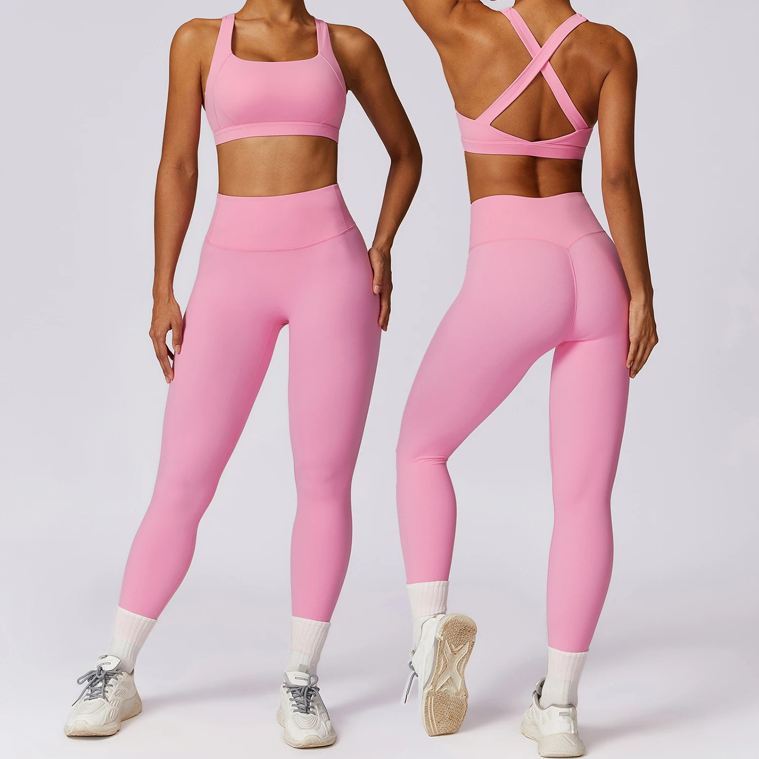 

Pink Workout Gym Yoga Sets Women's 2 Piece Tracksuit High Waist Leggings Cross Back Sports Bra Yoga Clothes Sport Suit for Woman