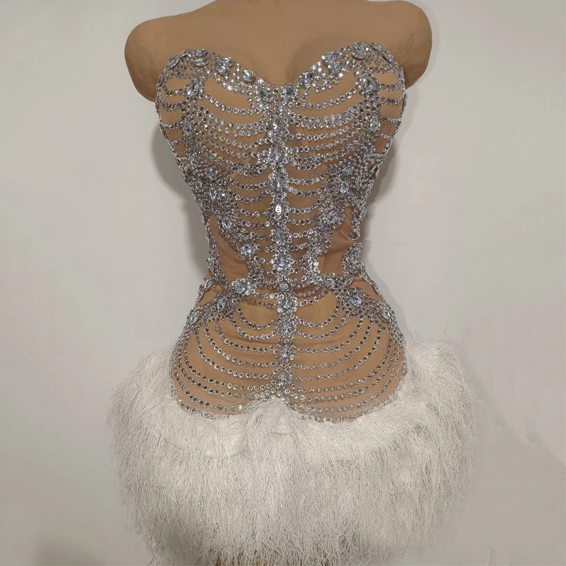 Vrouwen Strass Feestjurk Jazzdans Veren Jurk Zanger Party Prestaties Festival Outfit Podium Vieren Slijtage XS10755