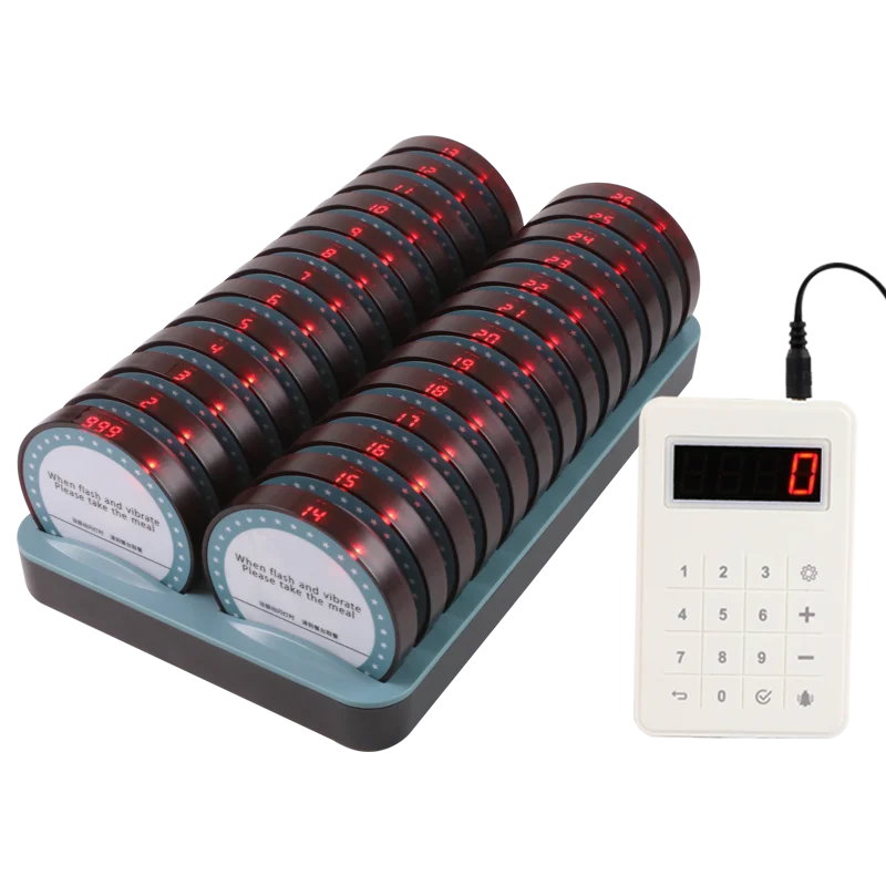 Wireless Restaurant Pager System 26 Coasters with Keypad 300 Meters Waterproof Vibrate Flash Ring for Food Truck Cafe Shop Bar