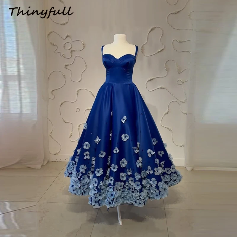 

Thinyfull A-line Satin 3D Flowers Prom Dresses Spaghetti Strap Sweetheart Evening Party Gown Special Occasion Dress Customized