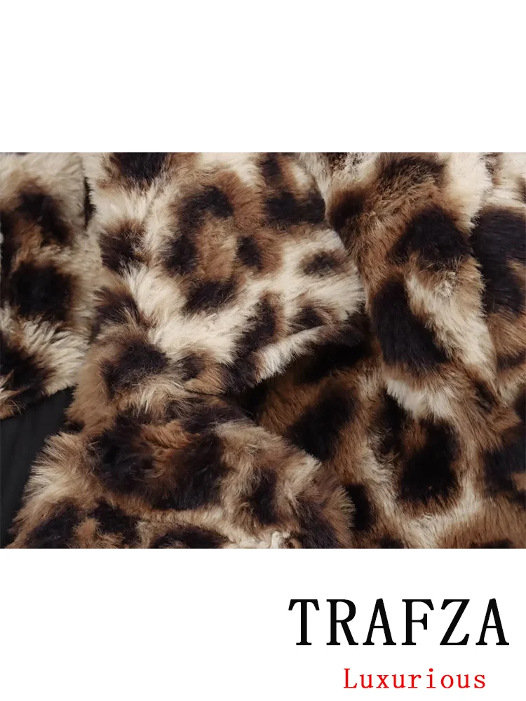 TRAFZA Vintage Chic Women Jackets Leopard Turn-down Collar Long Sleeve Coats New Fashion 2024 Autumn Winter Jacket Outwear