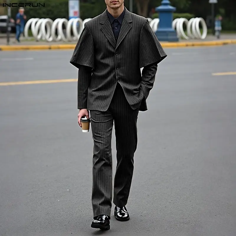 INCERUN 남성 스트라이프 세트 라펠 긴 소매 블레이저 & 바지 두 조각 세트 스트리트웨어 우아한 패션 캐주얼 남성 캐주얼 정장