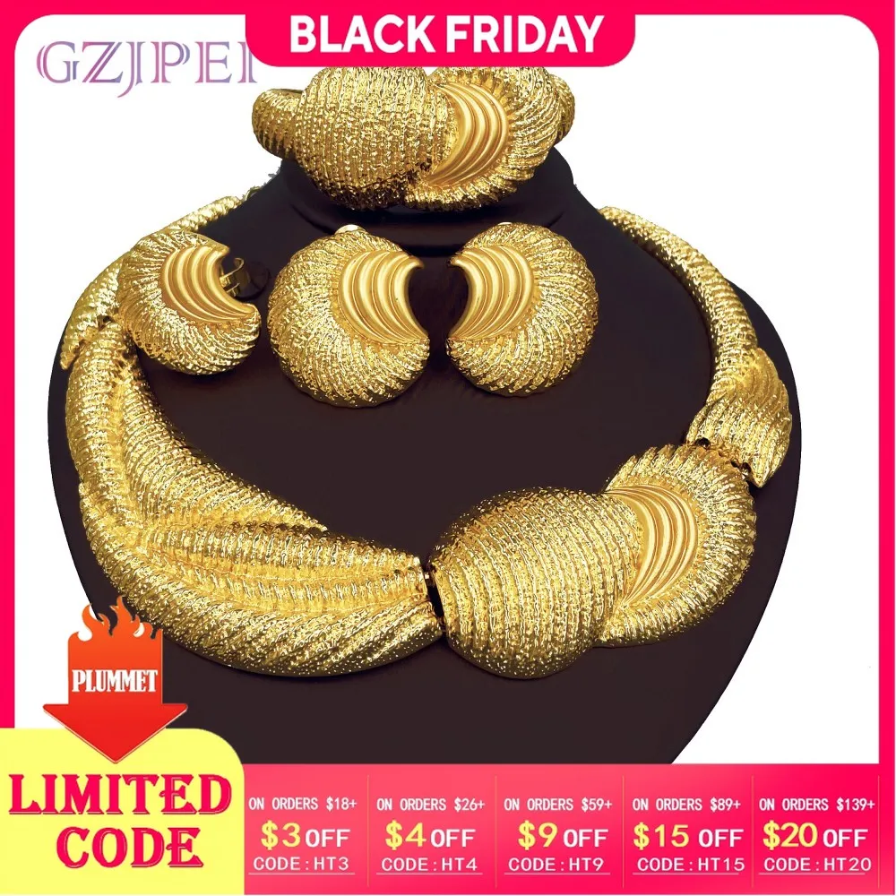 

Luxury 18K Gold Plated Big Jewelry Set Large Necklace Chunky Bangle Bracelet Moon Shape Piercing Earring Ring Women Wedding Gift