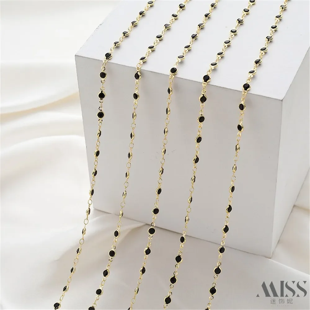 14K Gold Round Black Transparent Zircon Glass Handmade Chain DIY Bracelet Necklace Jewelry Accessories