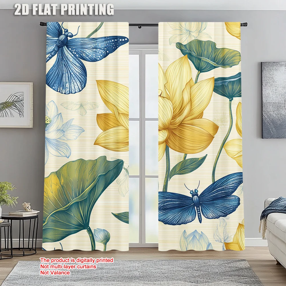 

2pc, Curtains Plants and Dragonflies Polyester,Without Electricity Wall Decor Suitable for With rod pockets, translucent