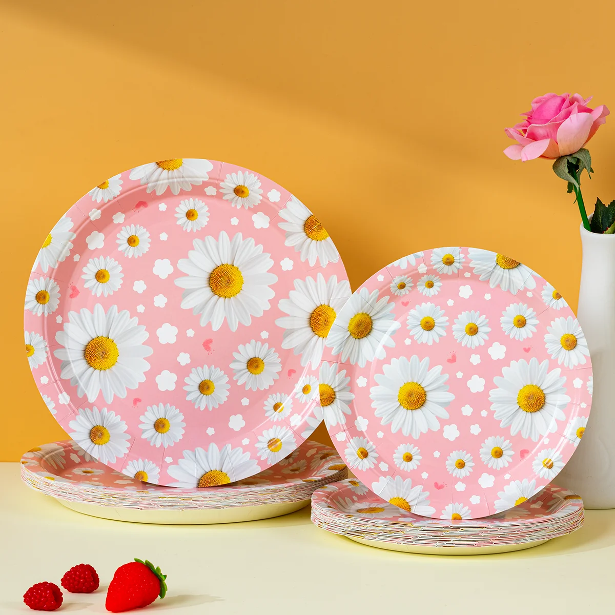 Platos de Papel Desechables con Estampado de Margaritas Rosas, Platos Redondos de Papel para Fiestas, Picnics y Eventos al Aire Libre, Artículos de Mesa