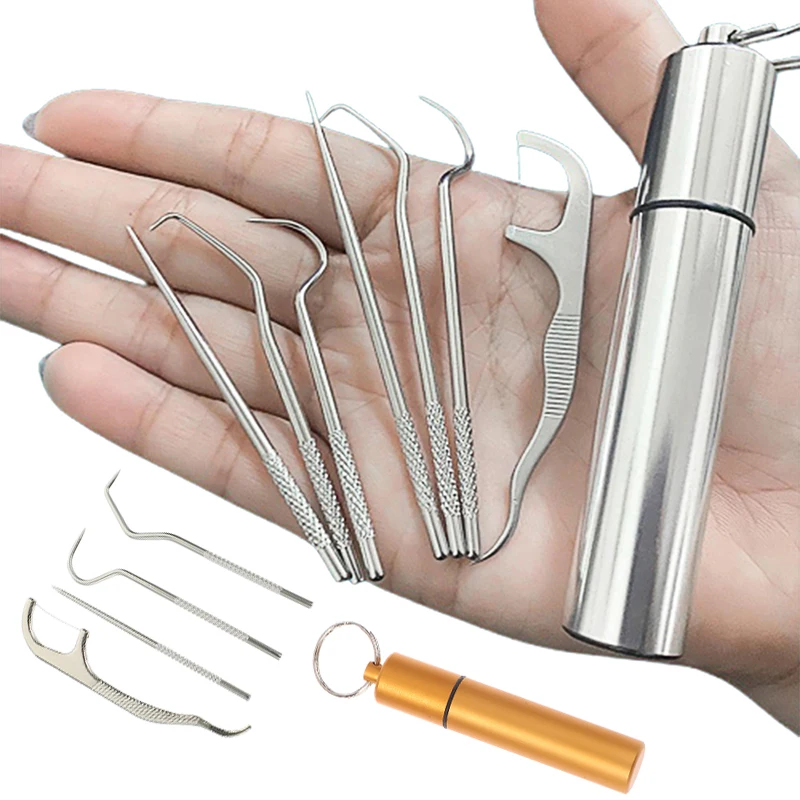 2Pcs Creative Oral Cleaning Toothpick Set Portable Dental Floss Pick Reusable Tooth Tartar Removal Tool Keychain Stainless Steel