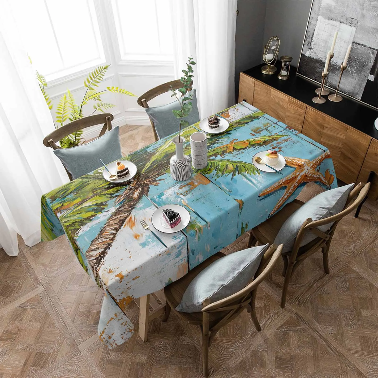 

Vintage Wood Grain Coconut Tree Waterproof Table Cloth Holiday Wedding Party Rectangular Table Cover Home Kitchen Decor