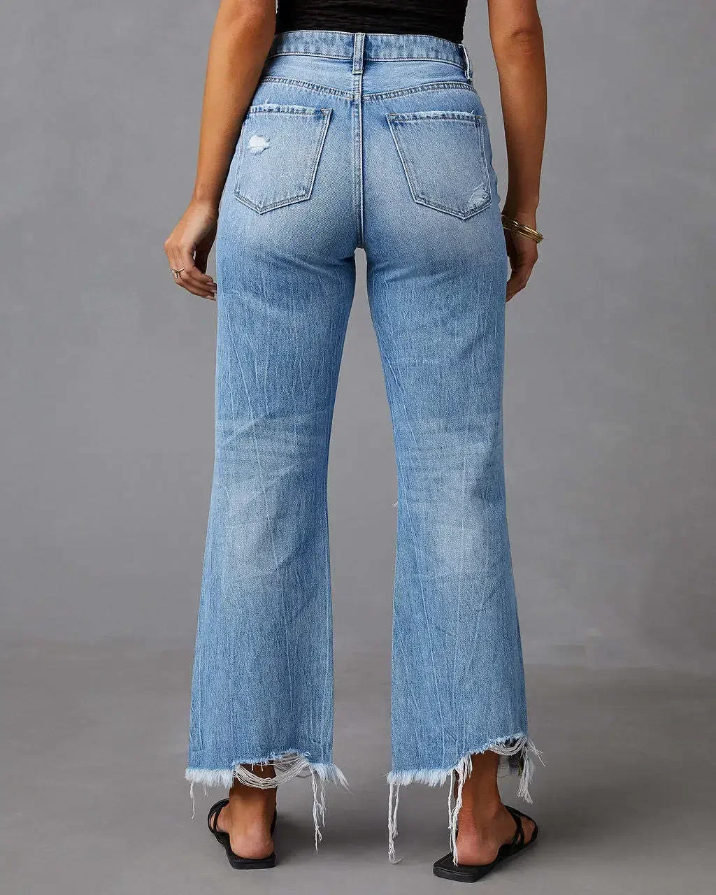 Jeans Denim donna pantaloni a gamba larga fori lavaggio tasche larghe nappa Basics pantaloni Casual alla caviglia primavera tinta unita