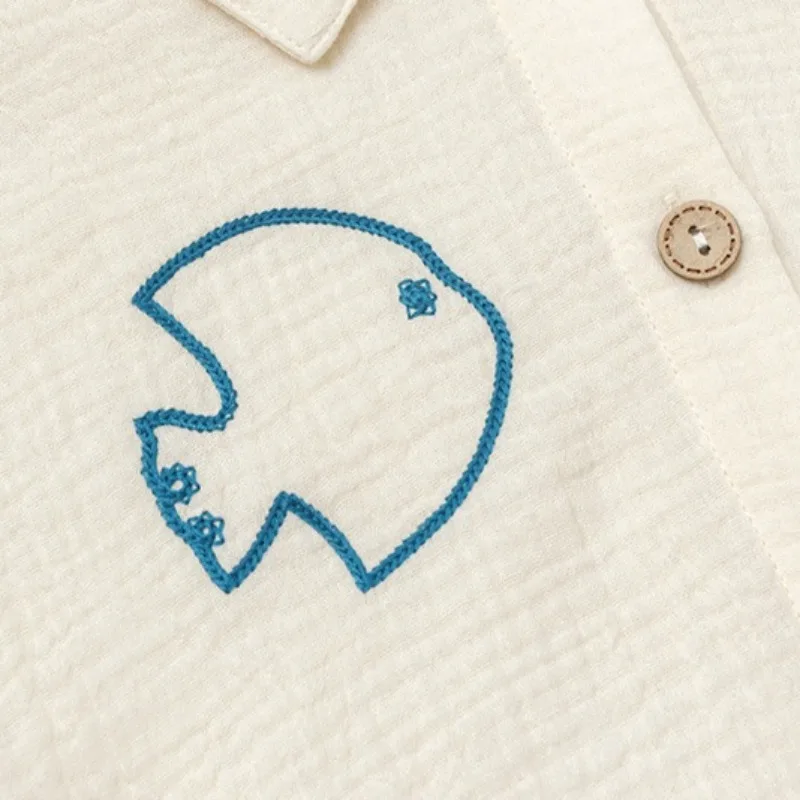 الفتيان والفتيات الطباعة التطريز قصيرة الأكمام قميص 100% القطن طبقة مزدوجة كريب عادية التلبيب أزرار الصيف سترة القمم