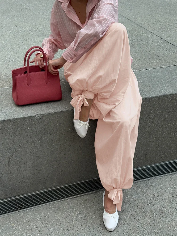 Casual Lace-Up Wide Leg Trousers For Women See-Through Loose High Waist Solid Autumn Flared Trousers Women's Pants 2025