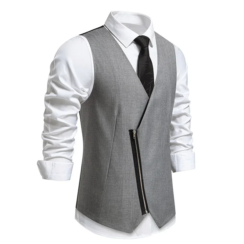 Men's New Autumn and Winter Fashion Solid Color V-neck Oblique Placket Zipper Suit Vest，British Slim-fit Casual Suit Waistcoat