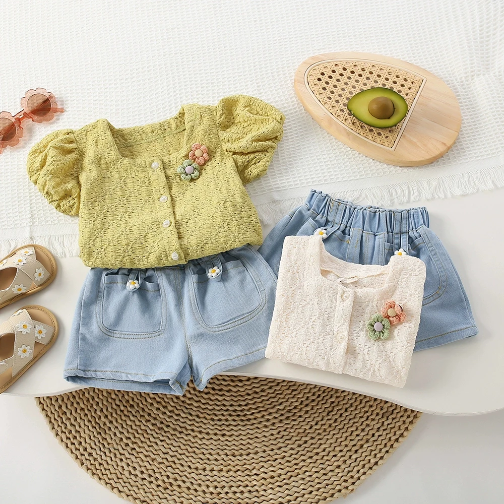 

Summer Short Sleeve Flower T-shirt Kids Girls Clothes Sets Korean Style Puff Sleeve Square Collar Girl T-shirt+Denim Shorts 2Pcs