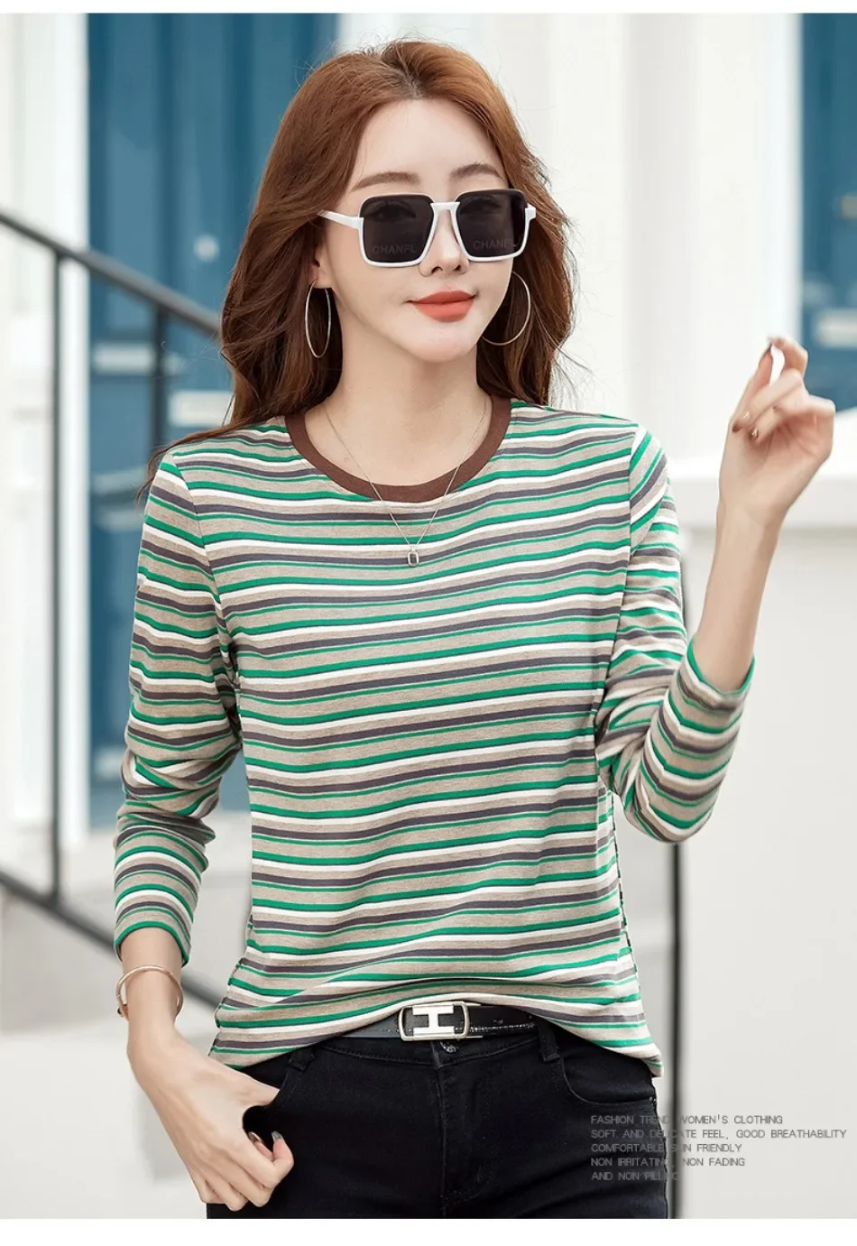 2024 neue Damen bekleidung Rundhals ausschnitt gestreiftes Unterhemd Frühling und Herbst Langarm Tops T-Shirt lose Innen lässig Top – Detail 10