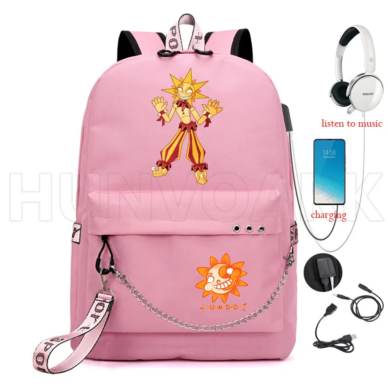 FNAF-Mochila multifuncional Sundrop e Moondrop para homens e mulheres, mochila escolar de grande capacidade, mochila de carregamento USB para laptop