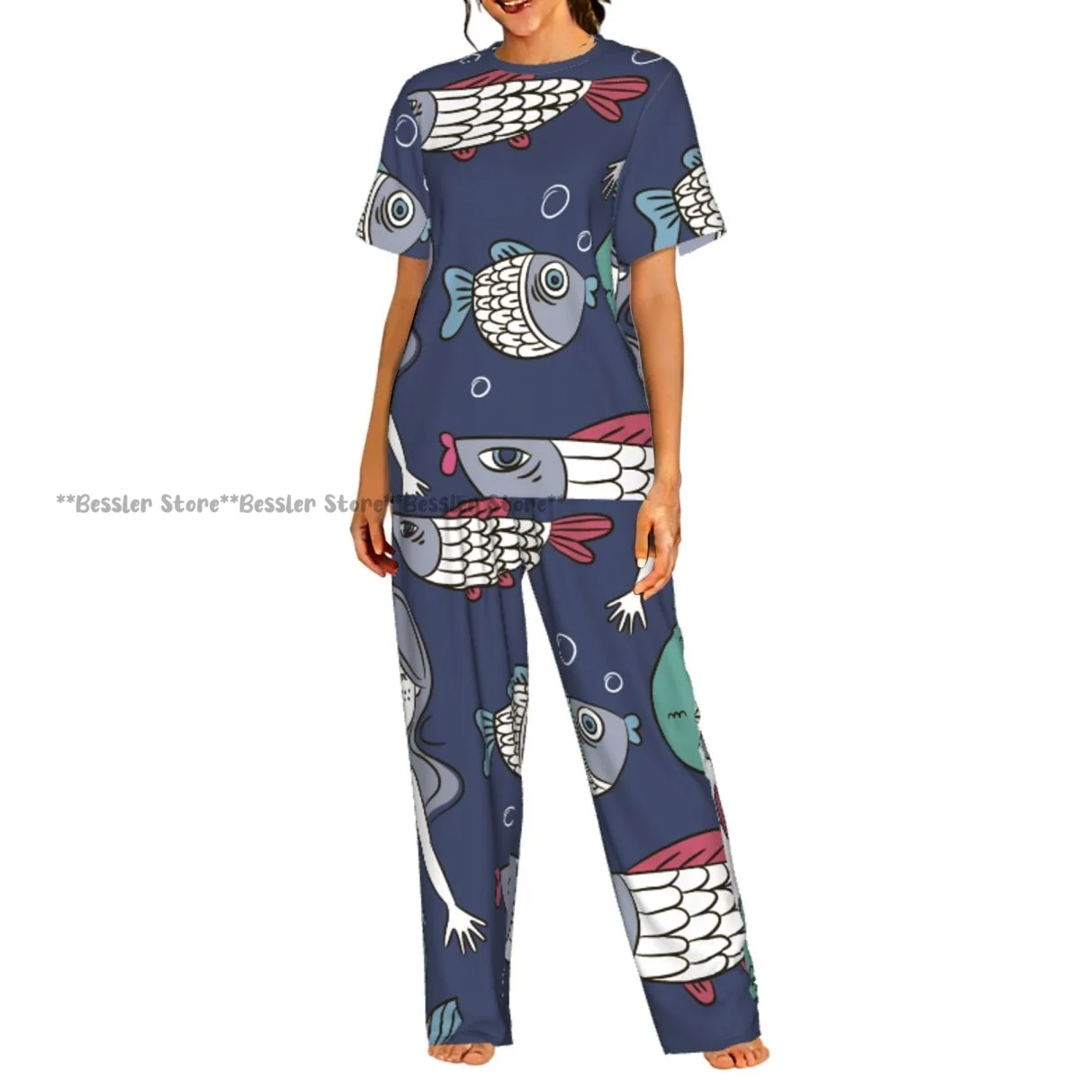 

Женский комплект из 2 предметов: милая пижама с рисунком русалки и рыбок, топ с короткими рукавами и брюки, одежда для сна.