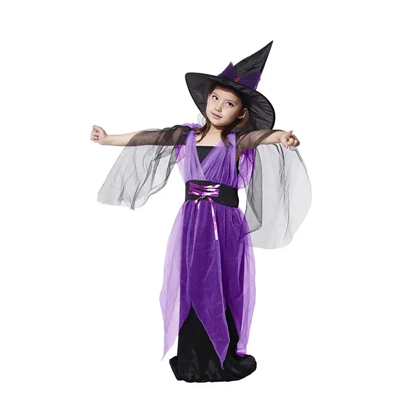 Halloween-Hexen-Kostüm-Geschenkset für Kinder, lila, schwarz, unregelmäßiges Tüllkleid, Hut, Party, Fotografie, Cosplay-Set – Detail 5