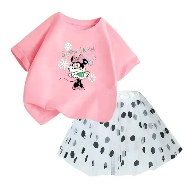 Disney Mickey Child Cotton T-shirt Fluffy Ballet Princess Tutu Skirt 2 Piece Set Baby Clothes Girl Birthday Lace Skirt Suit