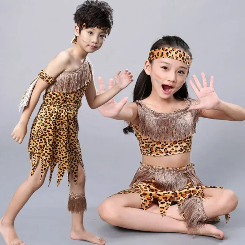 Children Savage Caveman Costumes Boy Leopard African Tribal Hunter Clothing For Girl Performance Cosplay Dress B12