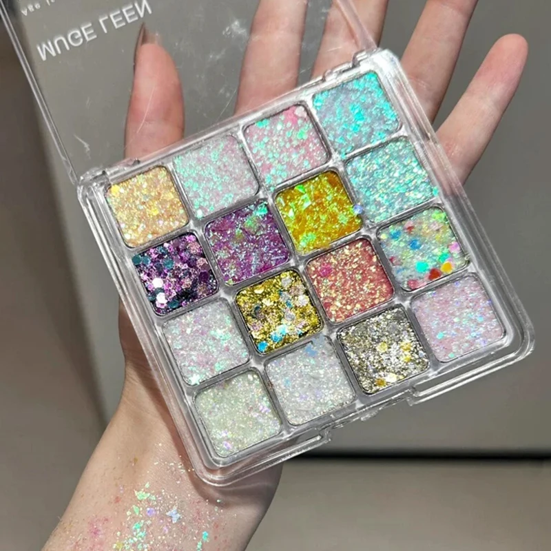 16-Color Sparkling Sequins Eyeshadow Palette Shiny Glitter Gel Self-adhesive High Gloss Body Face Hair Makeup Stage Performance gallery 4