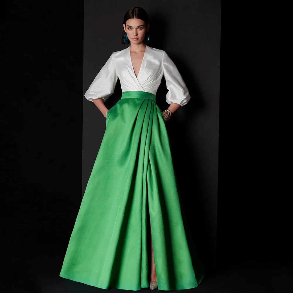 Formal Evening Dresses for Women Ivory Green A Line Puffy Sleeves Wedding Guest Gowns Long V Neck Criss-Cross Split Party Dress