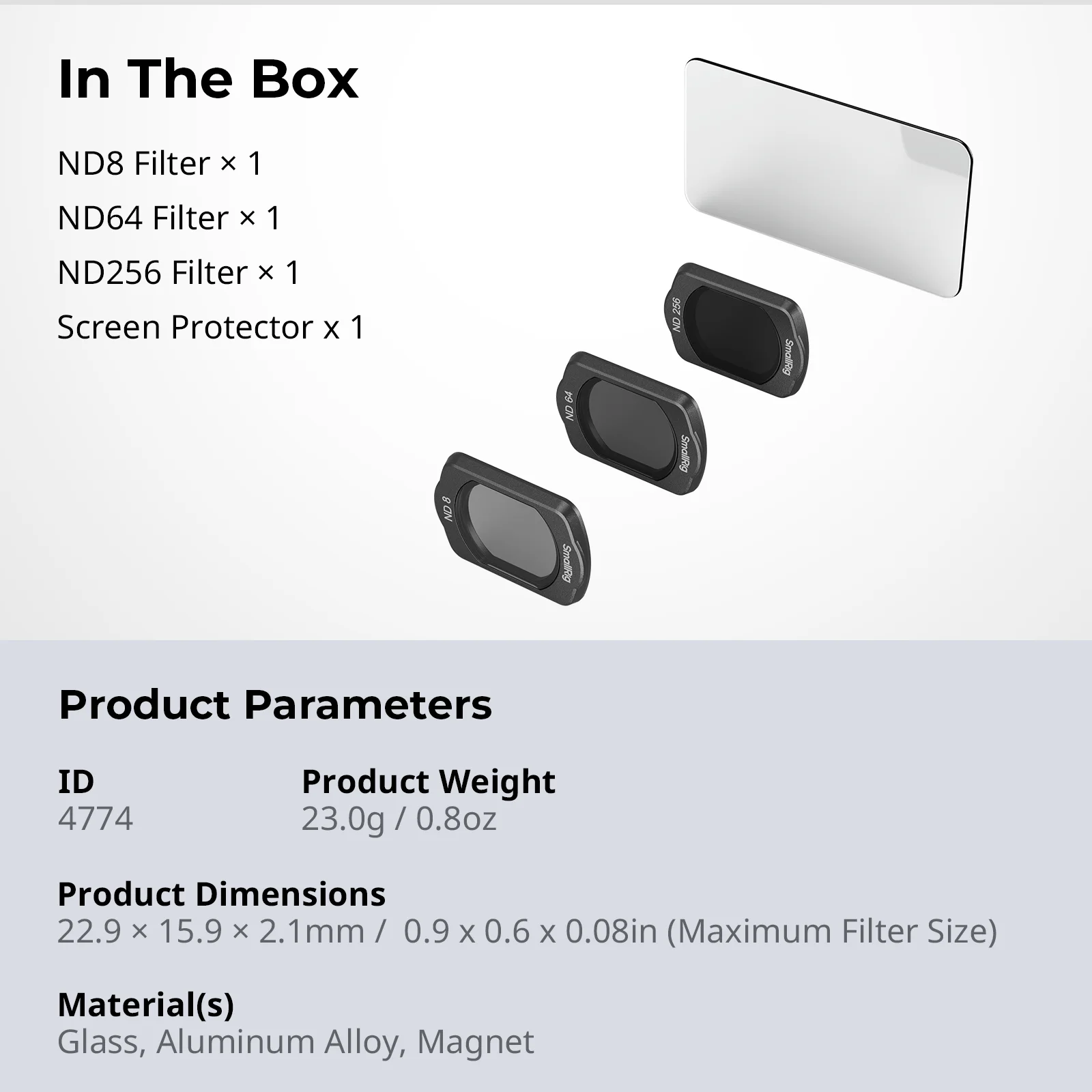 SmallRig magnetische ND-filterset voor Dji Osmo Pocket 3, met ND8, ND64, ND256 multi-coatingfilter en schermbeschermer -4774