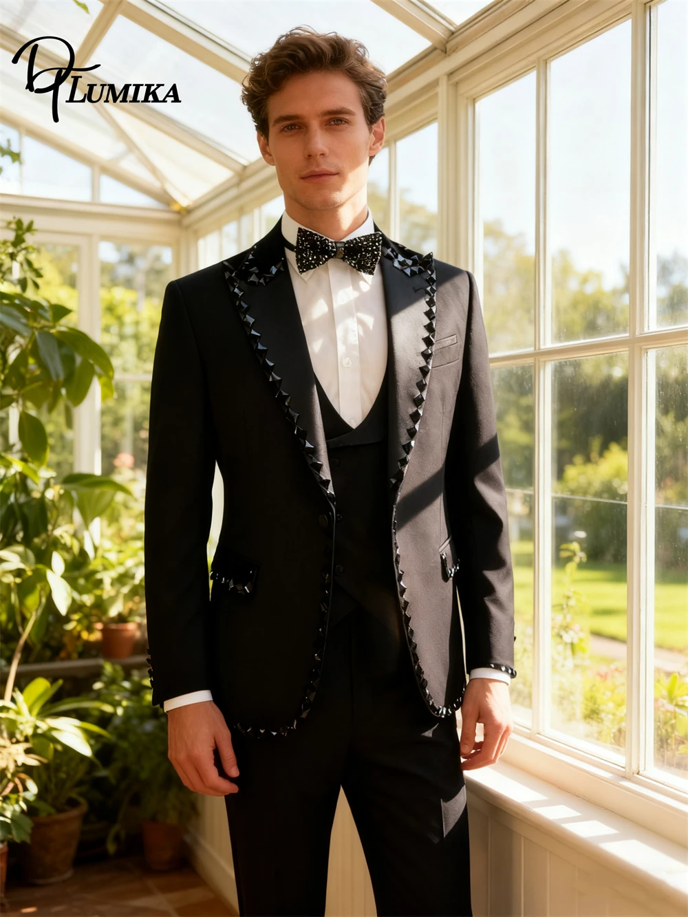 

DTLumika Роскошный черный костюм, мужские костюмы из трех предметов со стразами, облегающий пиджак, пиджак, брючные костюмы больших размеров