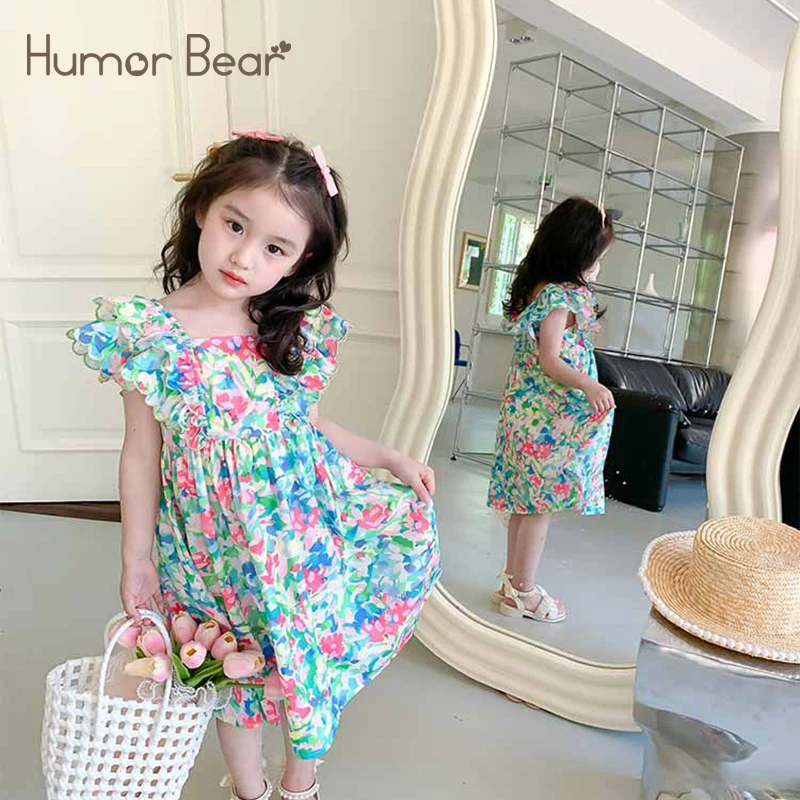 

Humor Bear Girls' Summer New Loose Fancy Flying Sleeve Flower Fragmented Princess Dress Casual Party Outfit 2-6Y