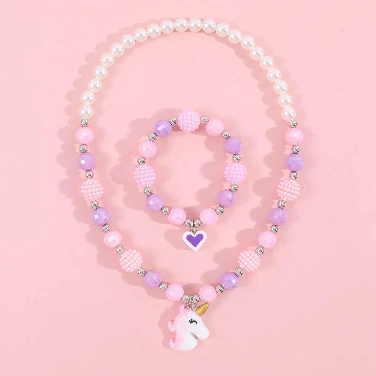 Cute Unicorn Pendant Necklace for Girls Heart Beads Necklace for Children Fashion Jewelry Accessories Birthday Gift