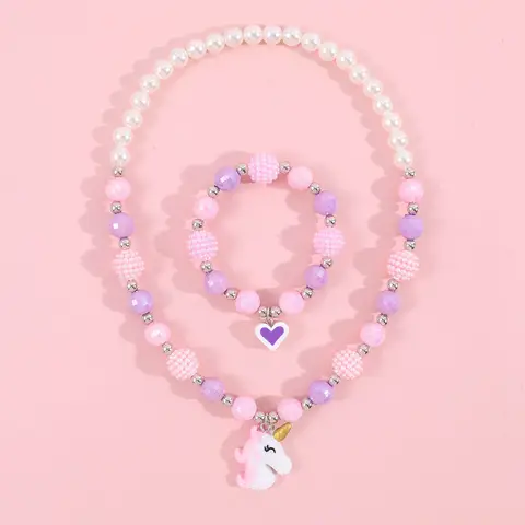 Cute Unicorn Pendant Necklace for Girls Heart Beads Necklace for Children Fashion Jewelry Accessories Birthday Gift