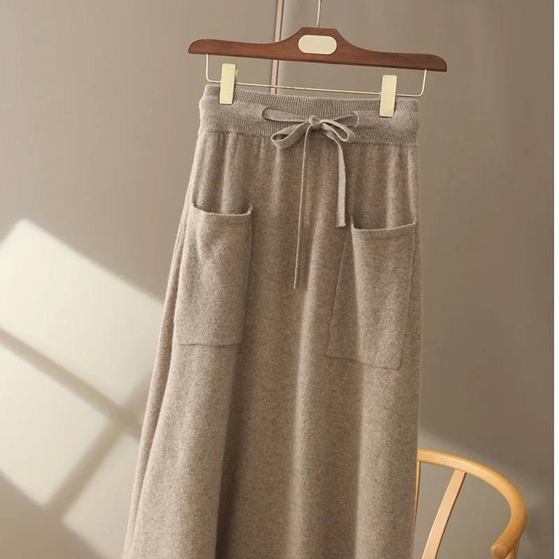 Autumn And Winter100% Pure Wool Skirt Women's Long Pocket Small A Skirt High Waist Slim Cashmere Knit A-Line Skirt