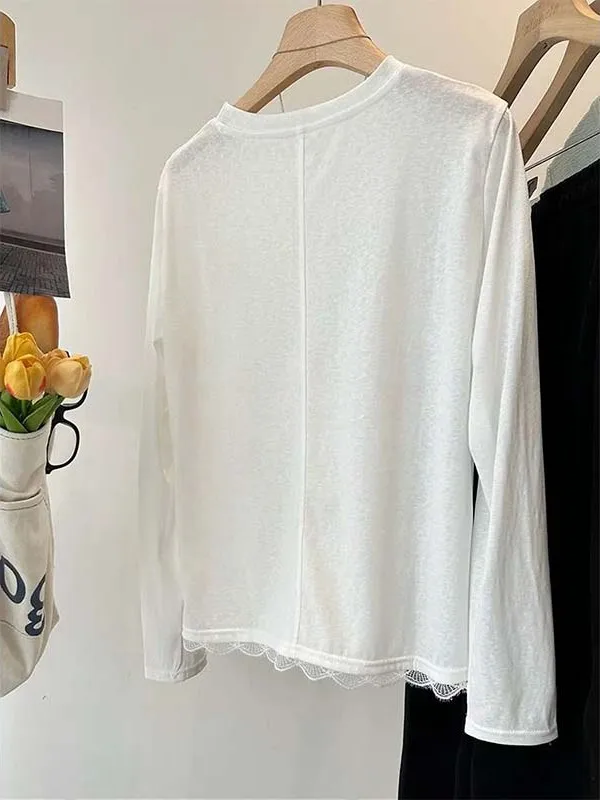 بلوزة نسائية طويلة بتصميم أنيق مع تطريز دانتيل، قميص أبيض نحيف بتصميم كوري، سترة دائرية الرقبة