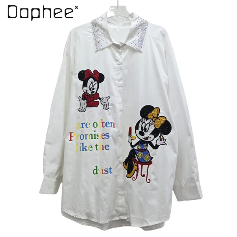 

2025 Autumn New Heavy Craft Cartoon Embroidery Rhinestone Print Loose Long Sleeve Korean Style Mid-Length Shirt for Women