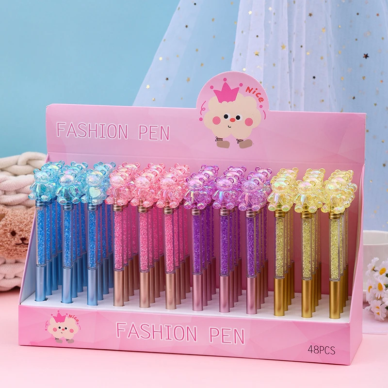 

48Pcs/Lot Cute Laser Acrylic Love Bear Twisting Ballpoint Pen Shining Cute Design with Diamond Gift Pen School Offce Stationery