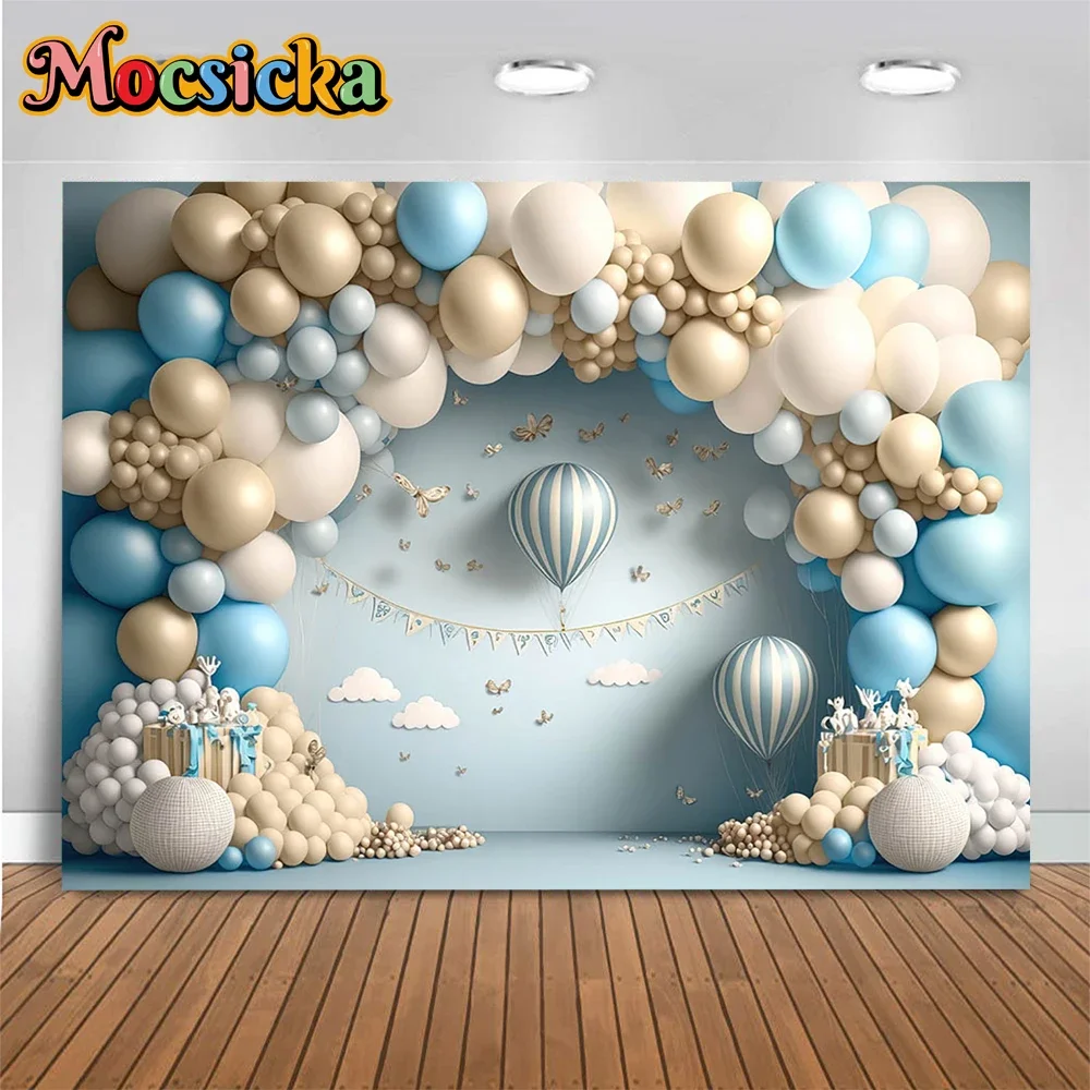 

Blue Hot Air Balloon Boy Birthday Adventure Theme Background Kids Cake Smash Photography Backdrop Booth Newborn Photoshoot Props