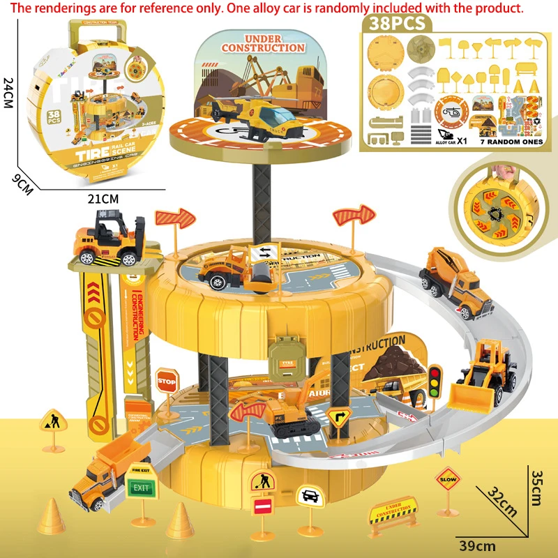 Pretend Play Wheel Tire Storage Car Model Playset, Engineering Track Parking Lot Design, Portable Carry Case Toy Kit