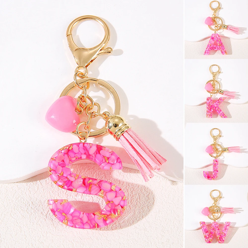 A To Z Pink Heart Charms Resin Letter Keychain Women Wallet Charms 26 Initials Alphabet Tassel Pendant Key Rings Accessoroes