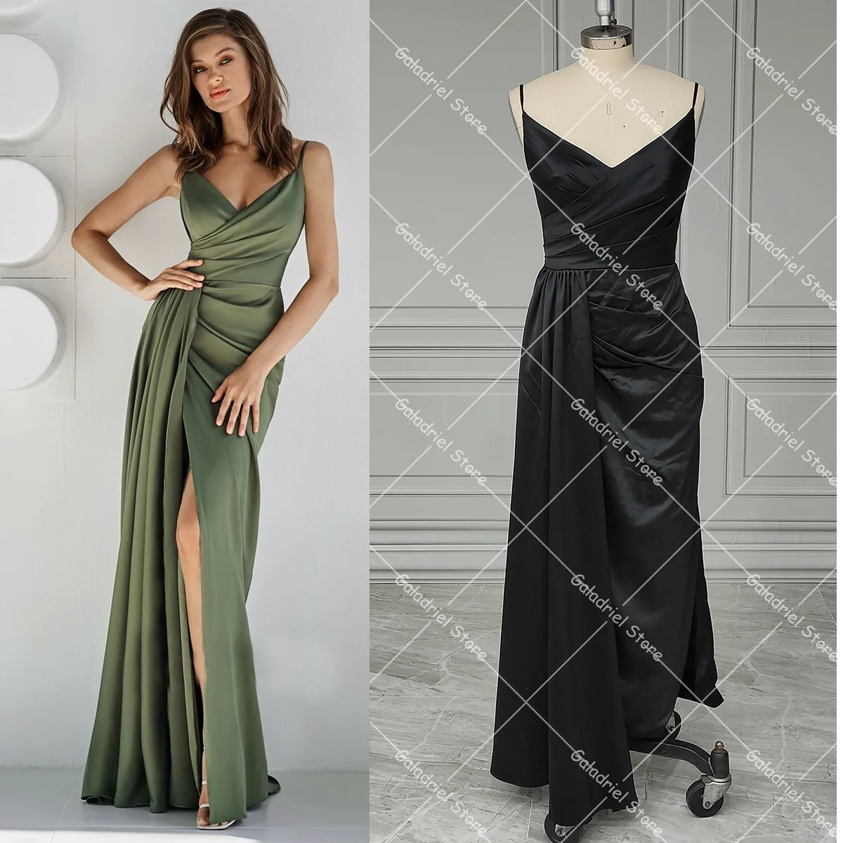 

Customized High Split Casual Satin V-neck Evening Dress Sheath Spaghetti V Neck Simple Sexy Solid Ruching Draped Prom Gowns
