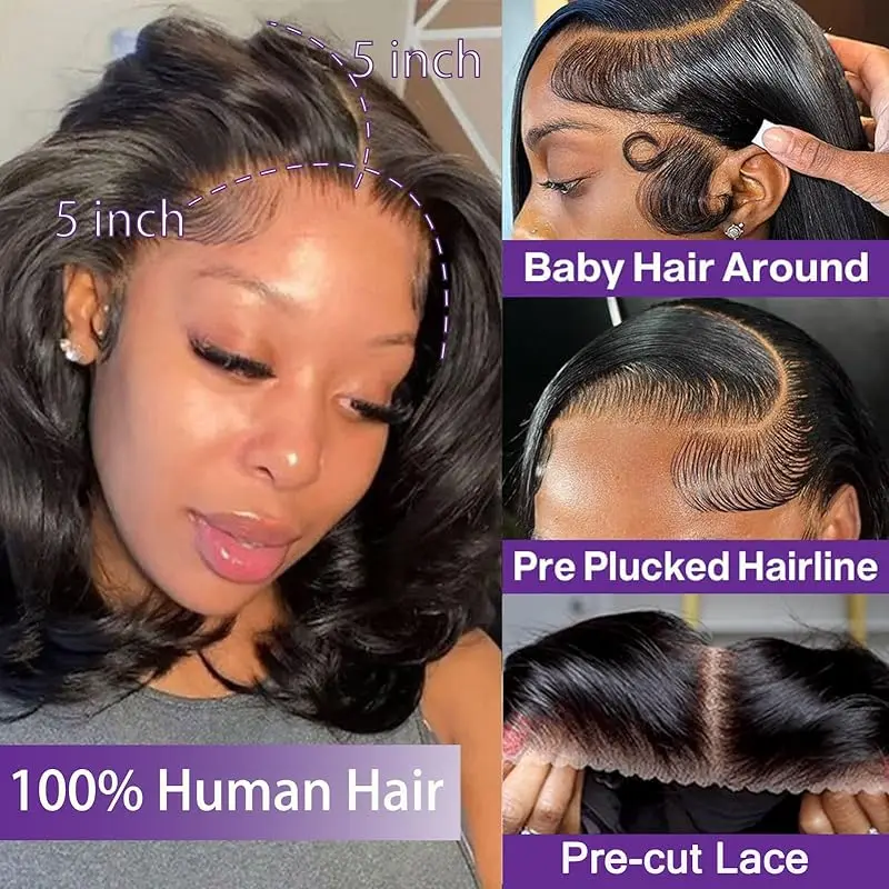 5x5 Body wave HD Transparent lace front human hair wigs 8 inch Pre Preplucked 200 Density glueless brazilian wigs for women