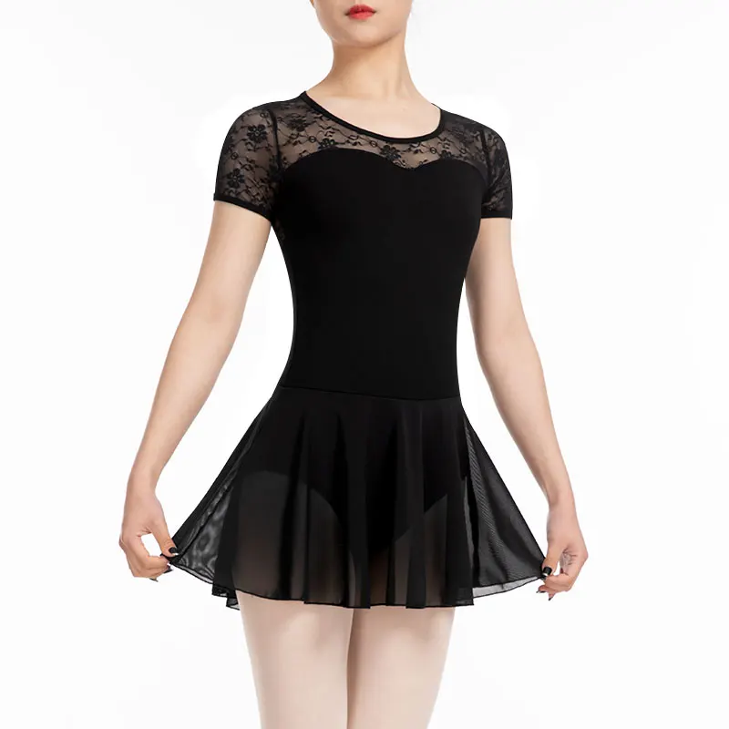 Women\'s Dance Leotard Skirt Adult Lace Short Sleeve Ballet Dress,Water-drop Hollow Back,Full Front Soft Lining Ballet Clothes