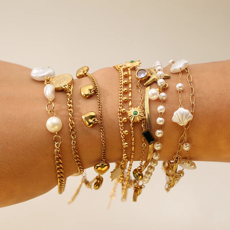 GANPUP 316L Edelstahl Zarte Perle Seestern Charms Armband Für Frauen 2025, Textur Wasserdicht Handgelenk Kette Schmuck Geschenk – Detail 4